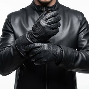 BLACK LEATHER GLOVES ZIPPER DETAIL MOTORCYCLE GLOVES MEN'S XL